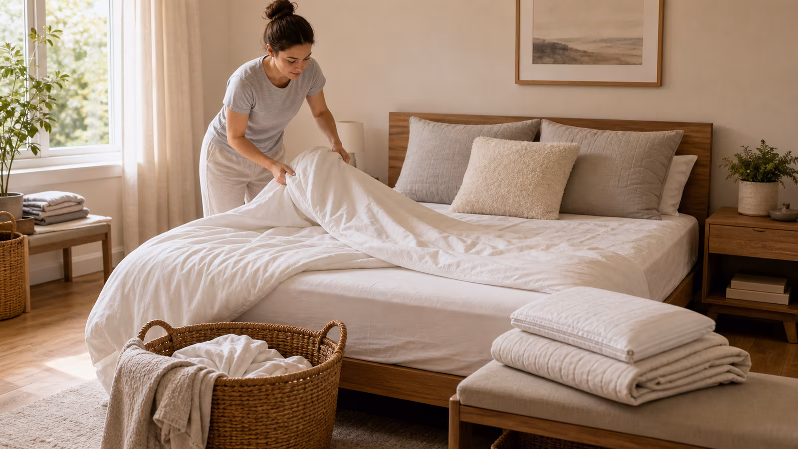 A bedroom laundry setup with washable bedding, pillow covers, hamper, vacuum, humidity gauge, and simple bedside surface.