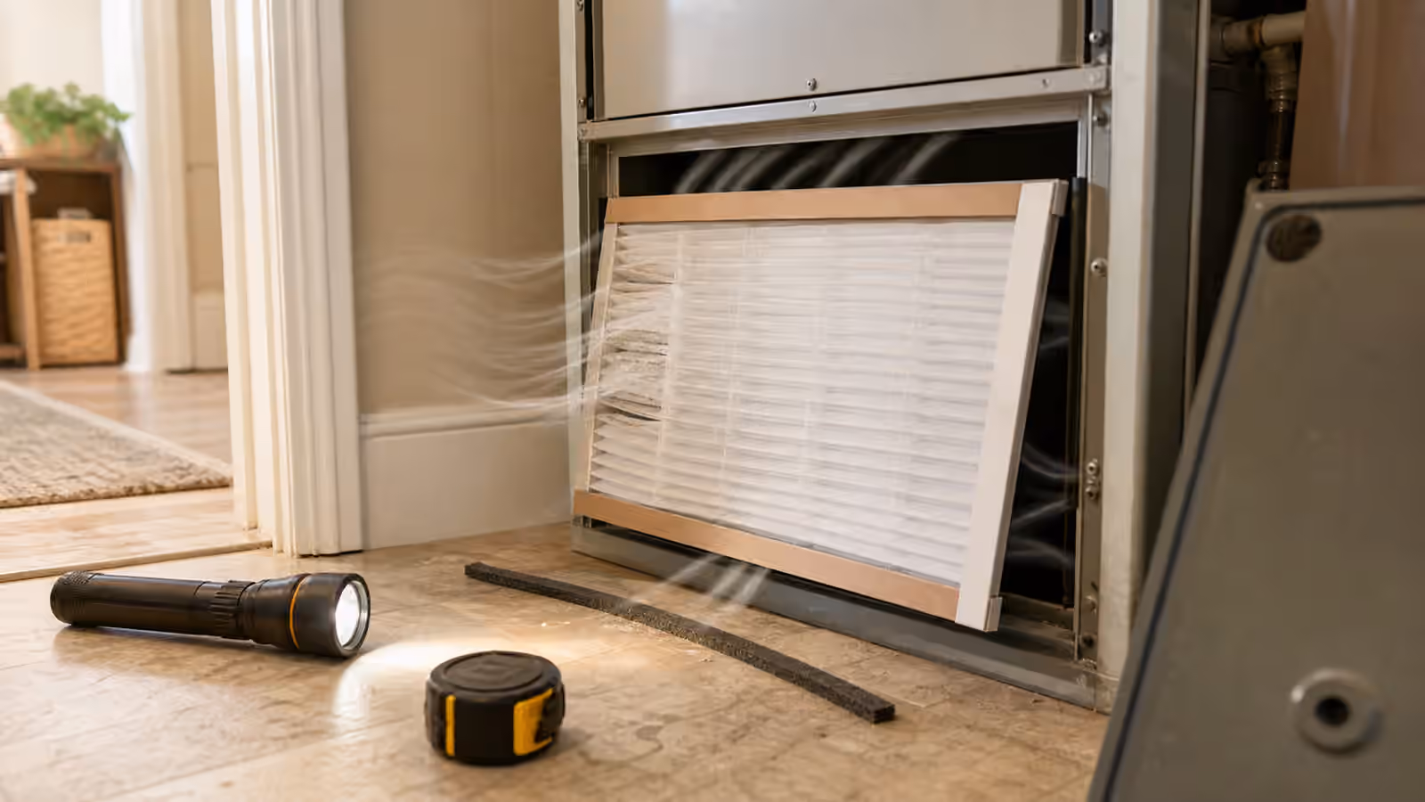 An HVAC filter slot with a clean pleated filter, flashlight, tape measure, and gasket strip.