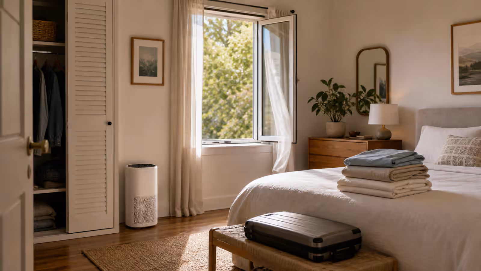 A spare bedroom with fresh folded sheets, suitcase, open window, air purifier, and closet door slightly open.