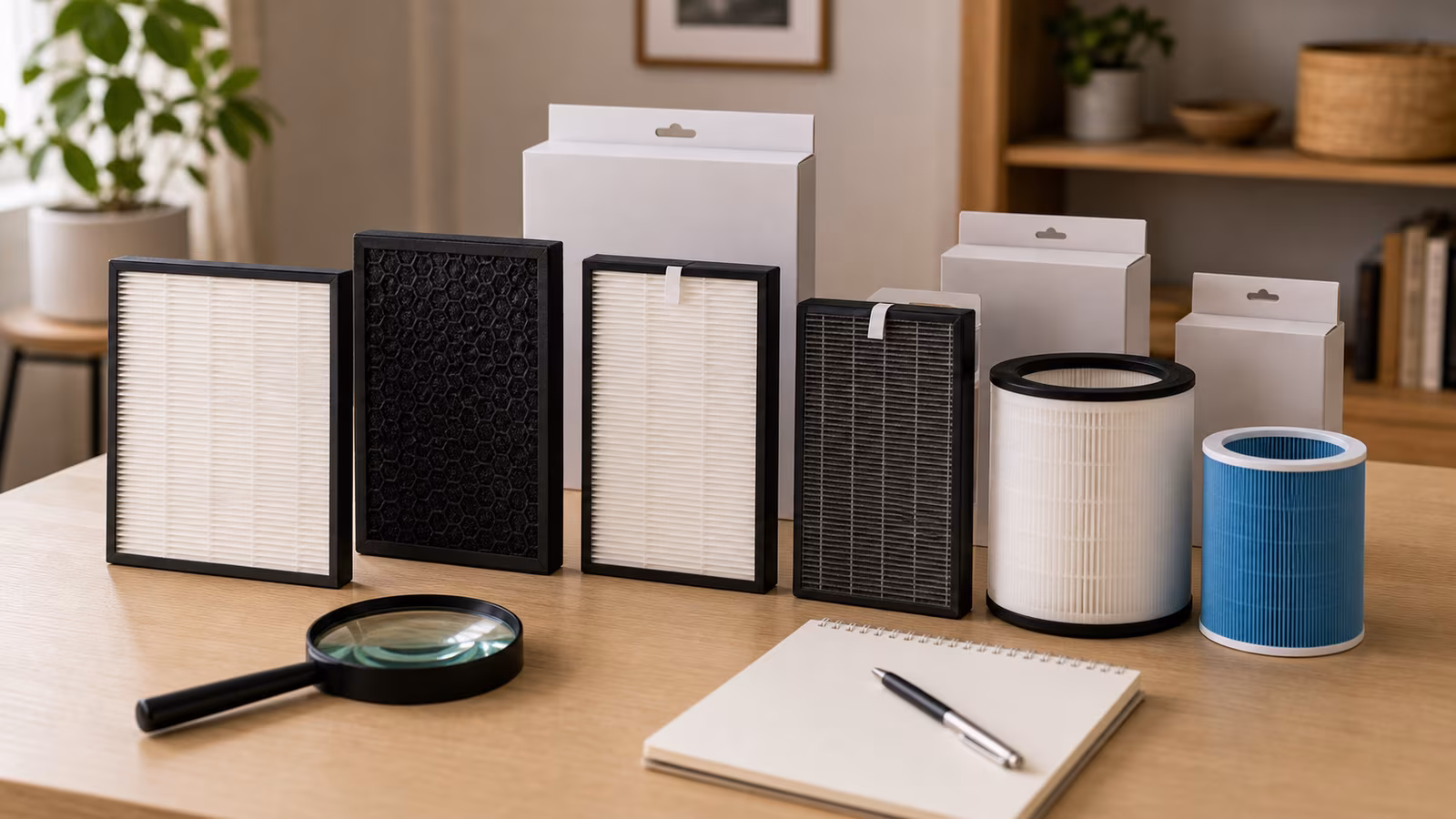 A product-comparison desk with three unbranded filter cartridges, magnifying glass, purifier, and blank spec cards.
