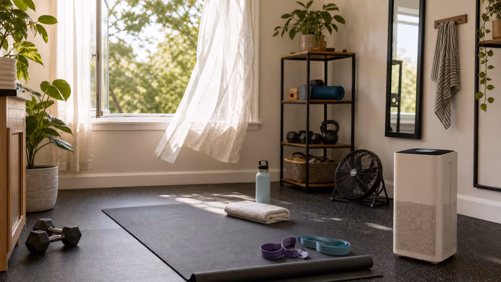 A home workout corner with exercise mat, resistance bands, towel, water bottle, open window, and air purifier.