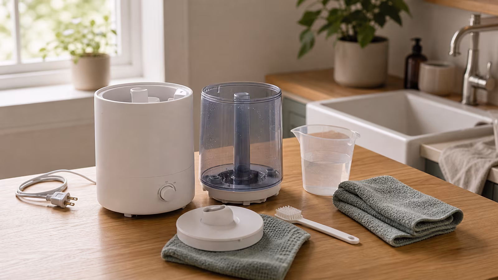 A winter bedroom humidifier on a tray with cleaning brush, hygrometer, dry towel, and clear space around the mist path.