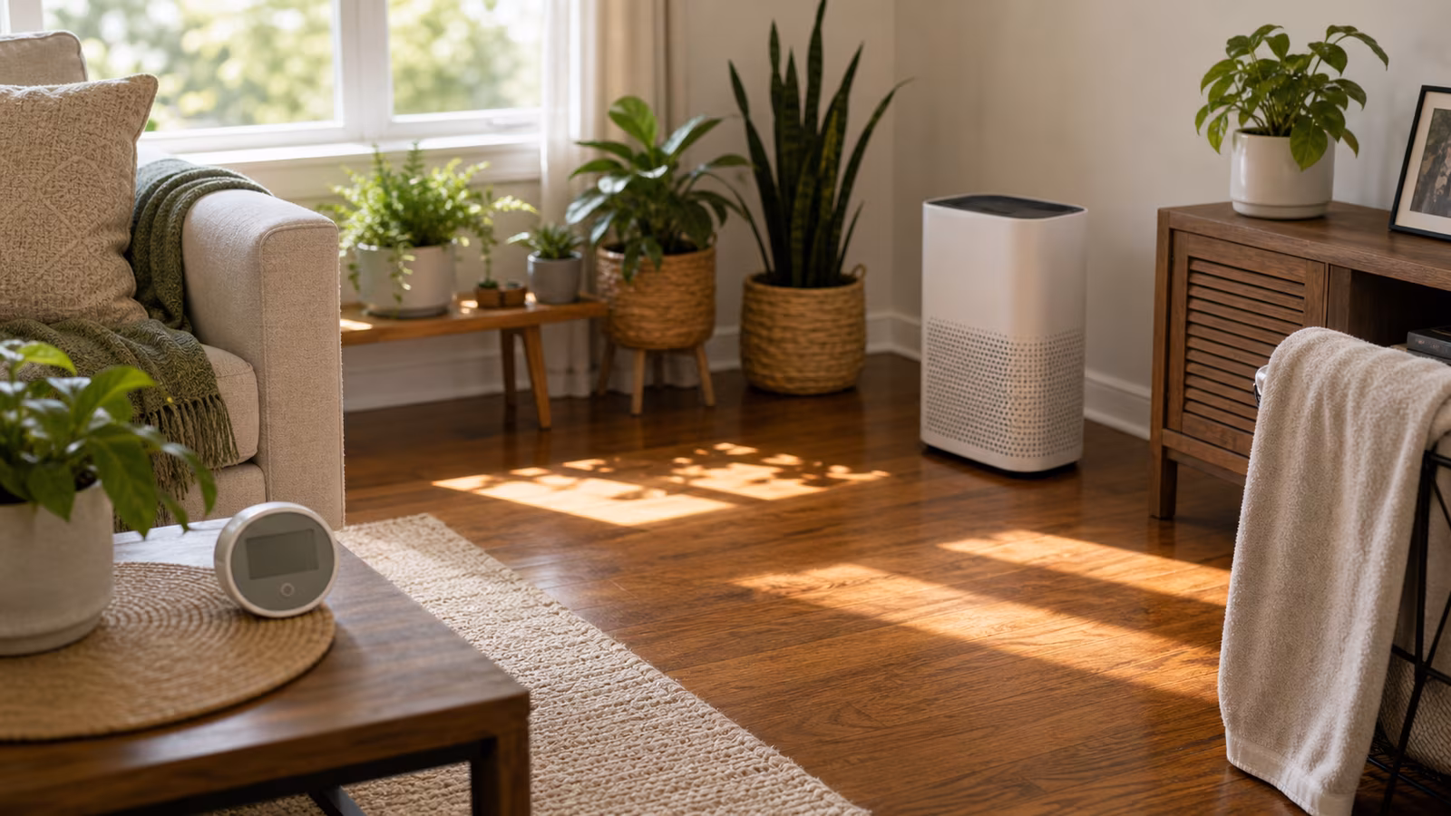 A side table with a small humidity gauge, dehumidifier, plant, window condensation cloth, and notebook.