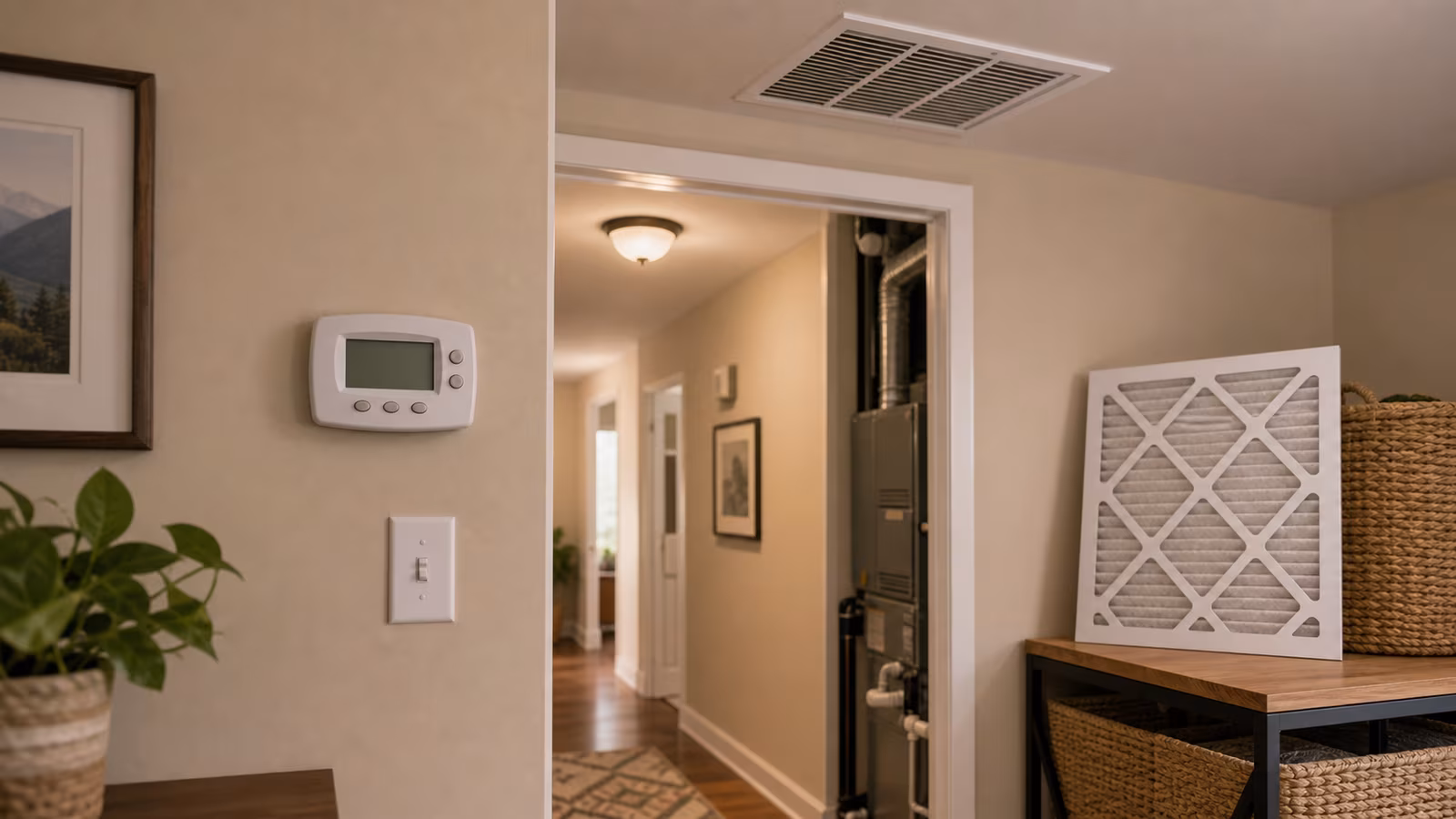 A thermostat with fan settings abstracted, HVAC return grille, filter, and living room airflow path.