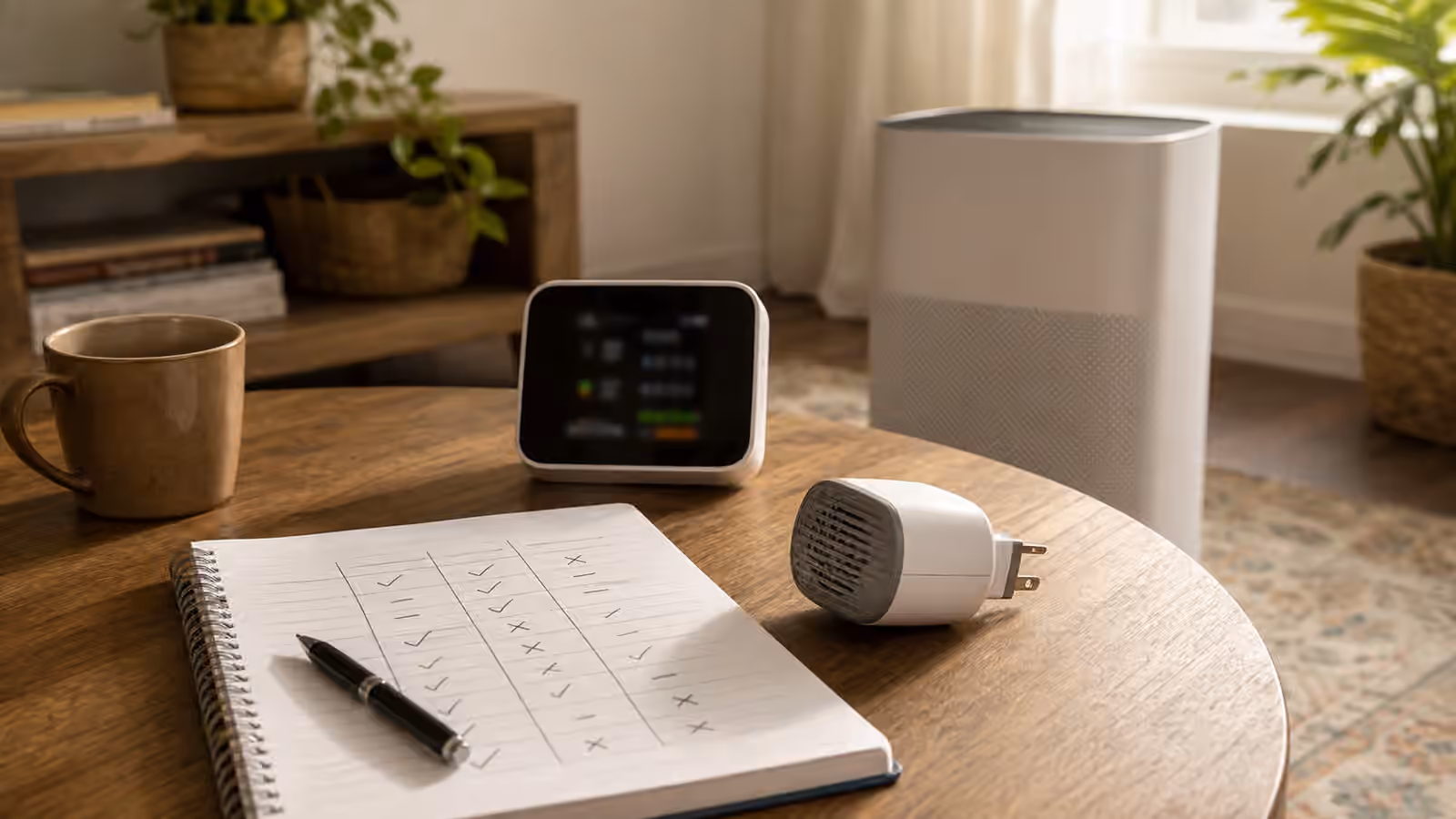 A home table with a plain air purifier, unplugged plug-in air device, blurred monitor, and comparison notebook.