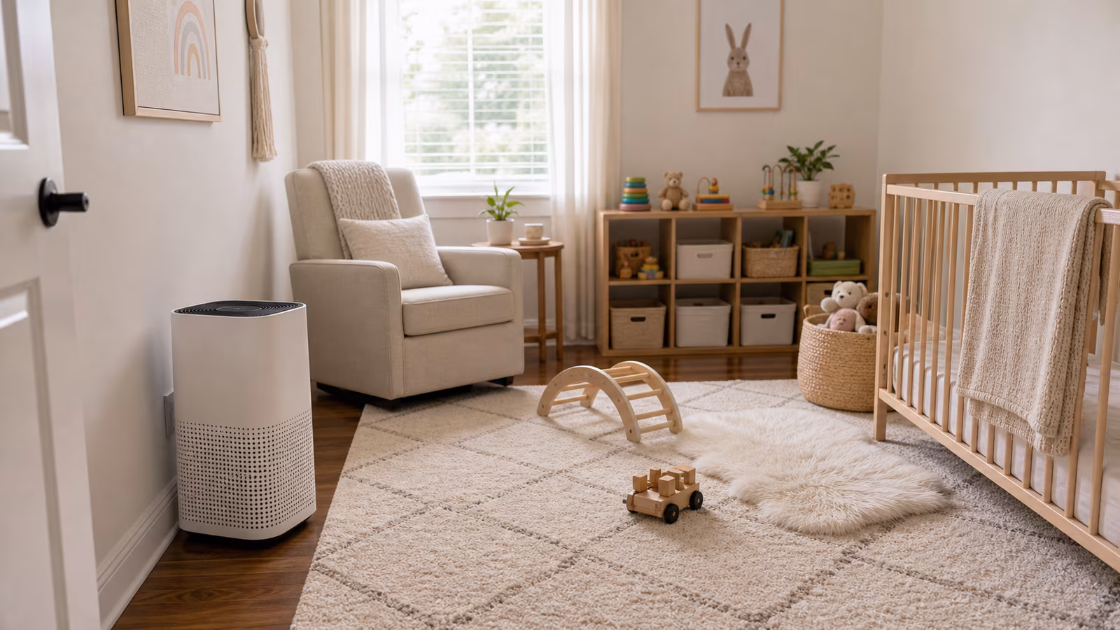 A calm nursery or kids room with purifier away from crib, washable rug, closed cleaning cabinet, humidity gauge, and soft daylight.