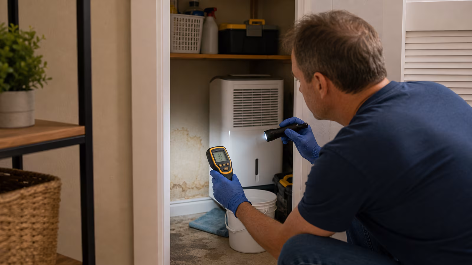 A careful moisture investigation desk with gloves, flashlight, sealed bag, photos, hygrometer, and closed door in the background.