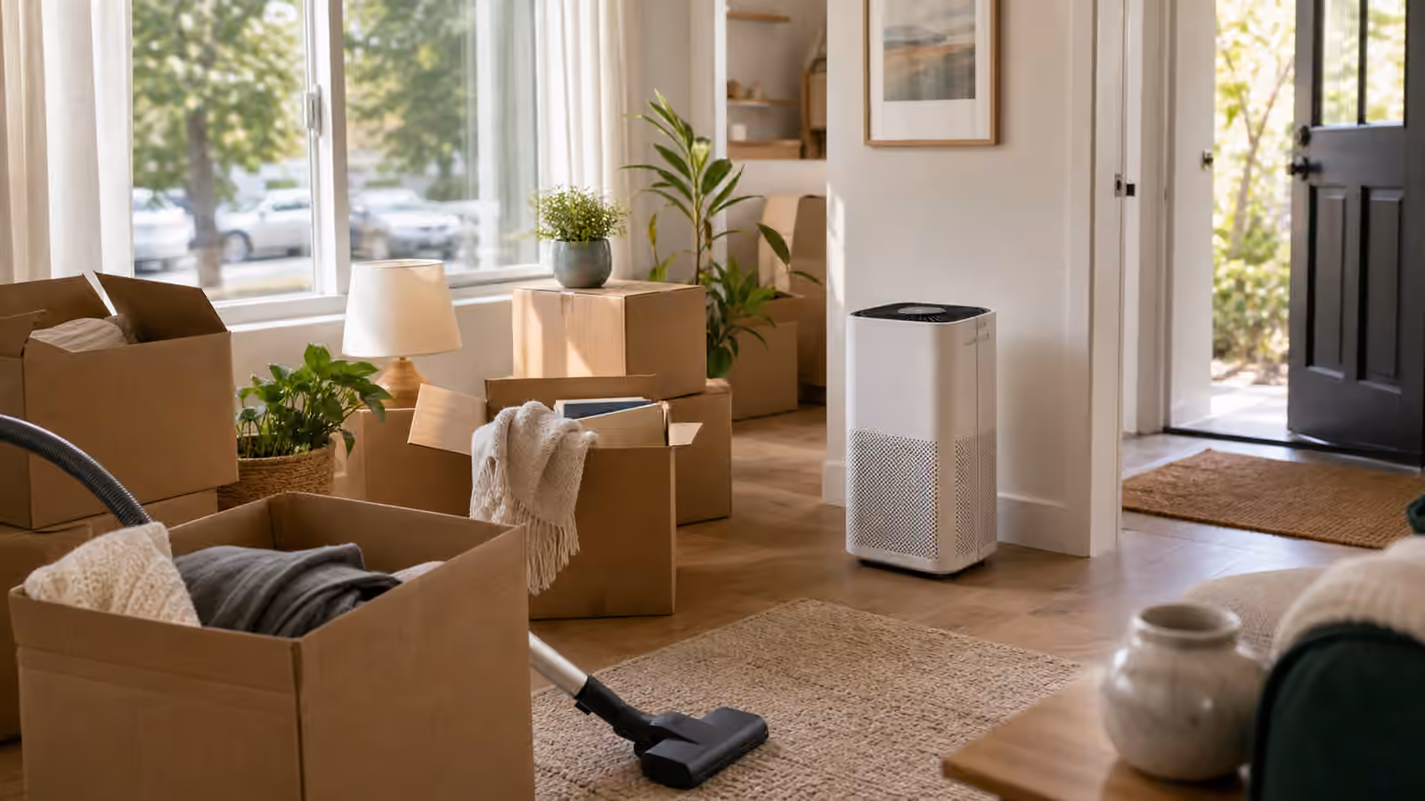 A living room during move-in with plain boxes, curtains, vacuum, air purifier, door mat, and daylight from a window.