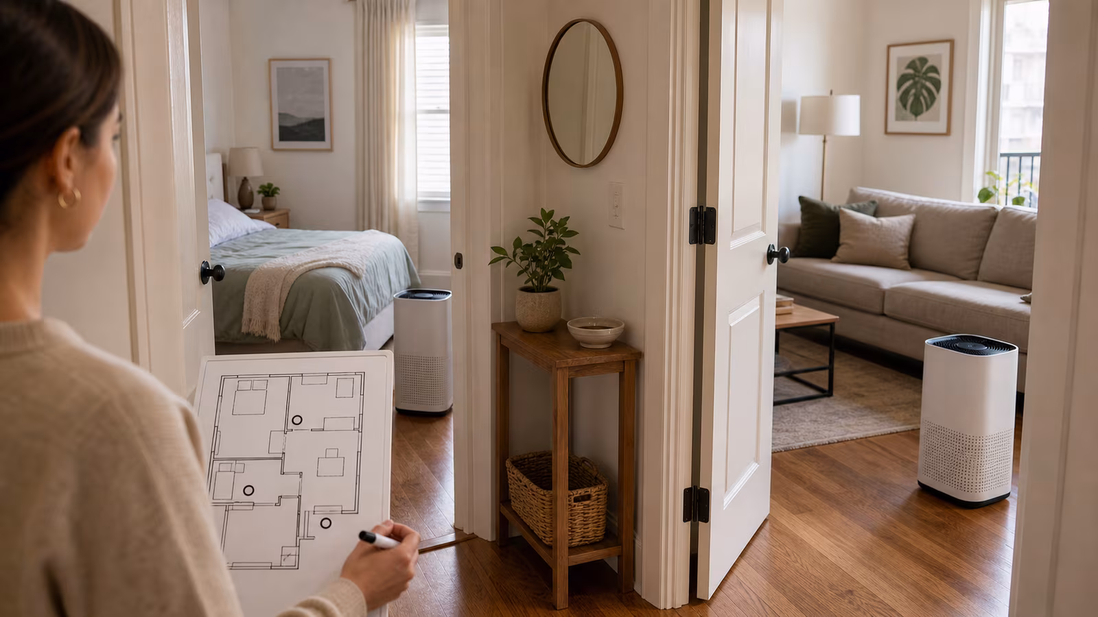 A floor plan on a table with purifier icons, bedroom, office, living room, and arrows showing moves between rooms.