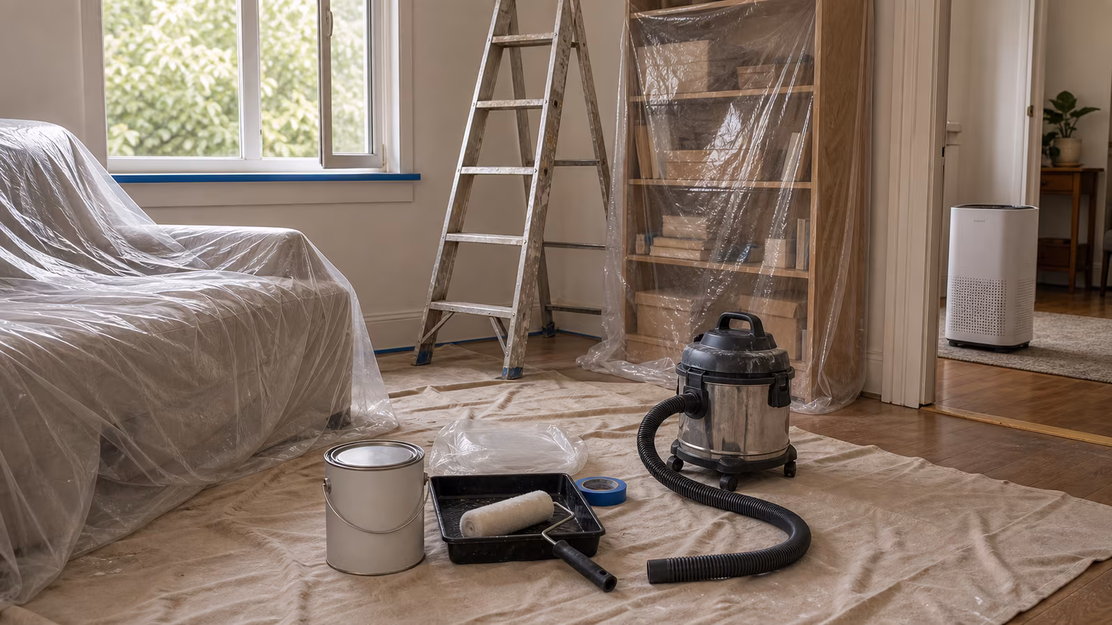 A room renovation prep scene with drop cloths, sealed door, fan facing outward, unopened low-odor paint, and purifier waiting outside the work zone.