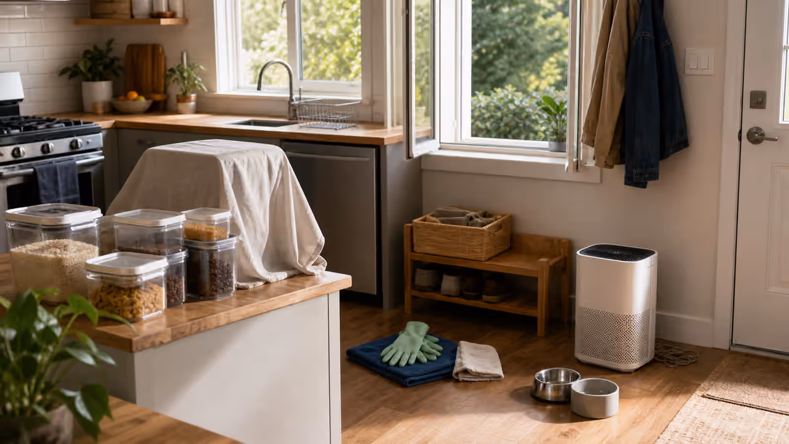 A kitchen and entry corner prepared with sealed food containers, pet bowls moved aside, gloves, cloths, and a window.