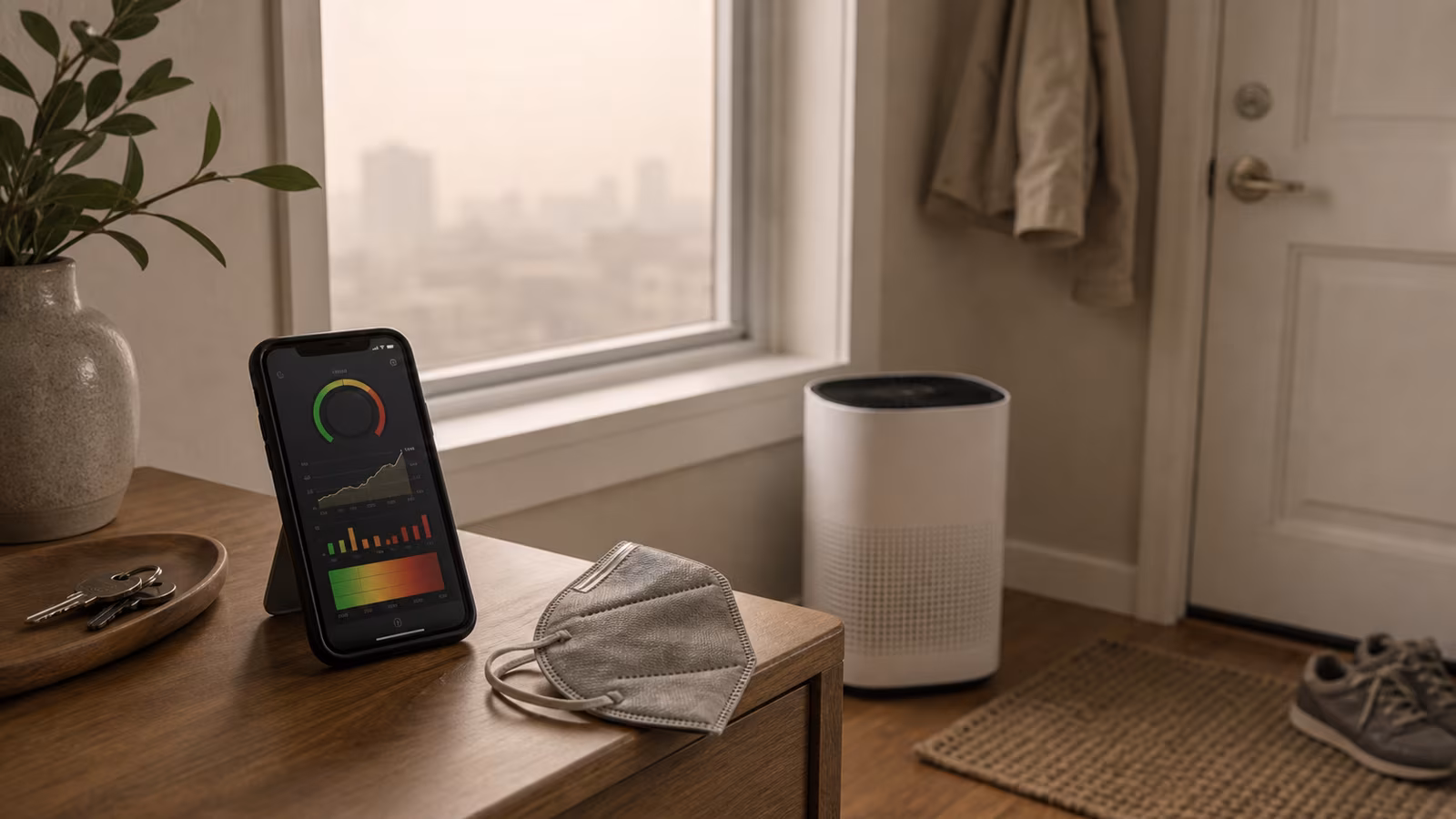 A window-side table with outdoor haze beyond glass, air monitor, purifier, closed window latch, and activity pause cards without readable text.