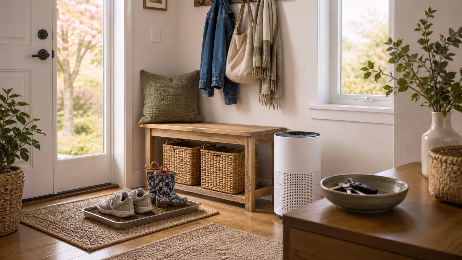 A front entry with shoes tray, jacket hook, pet towel, closed window screen, and small purifier in a nearby room.