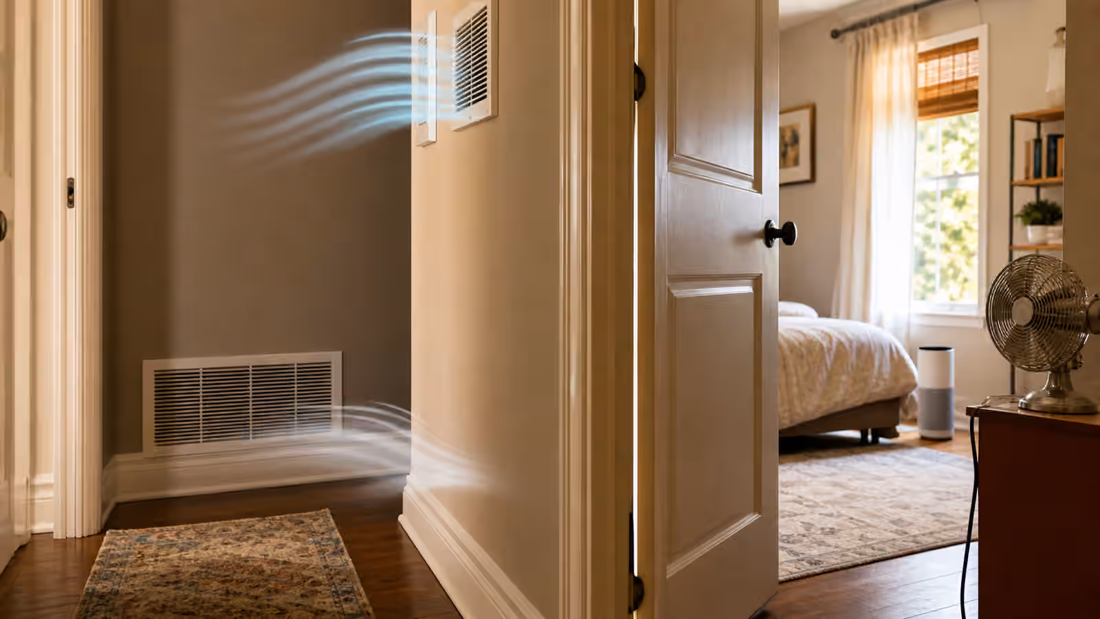 A hallway and bedroom doorway with a door gap, return grille, supply vent, desk fan, and air purifier.