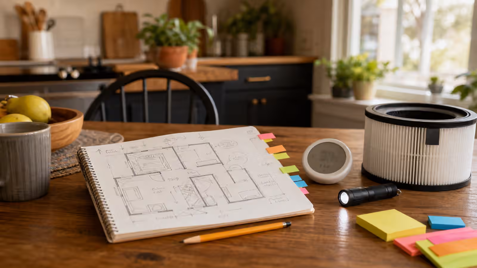 A table with an unreadable floor plan, sticky tabs, humidity gauge, spare filter, pencil, and flashlight.