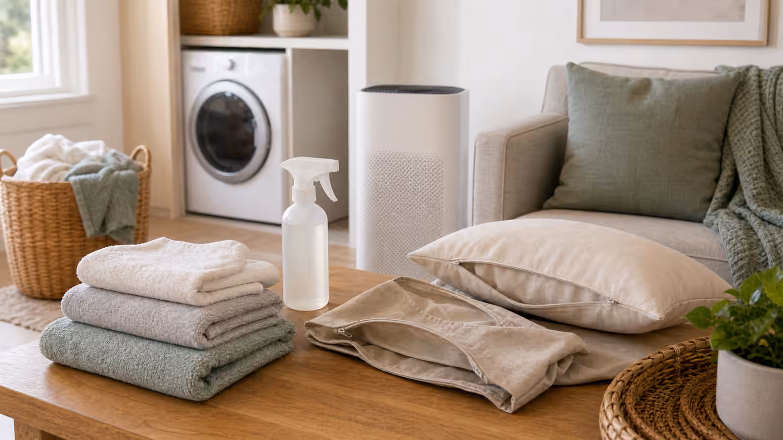Folded towels, a blank spray bottle, removable cushion covers, laundry basket, sofa, and air purifier in a bright room.