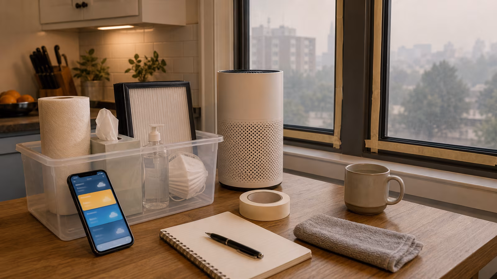 A calm smoke-day living room with a purifier running, closed window, weather app blurred on a phone, and spare filters on a shelf.