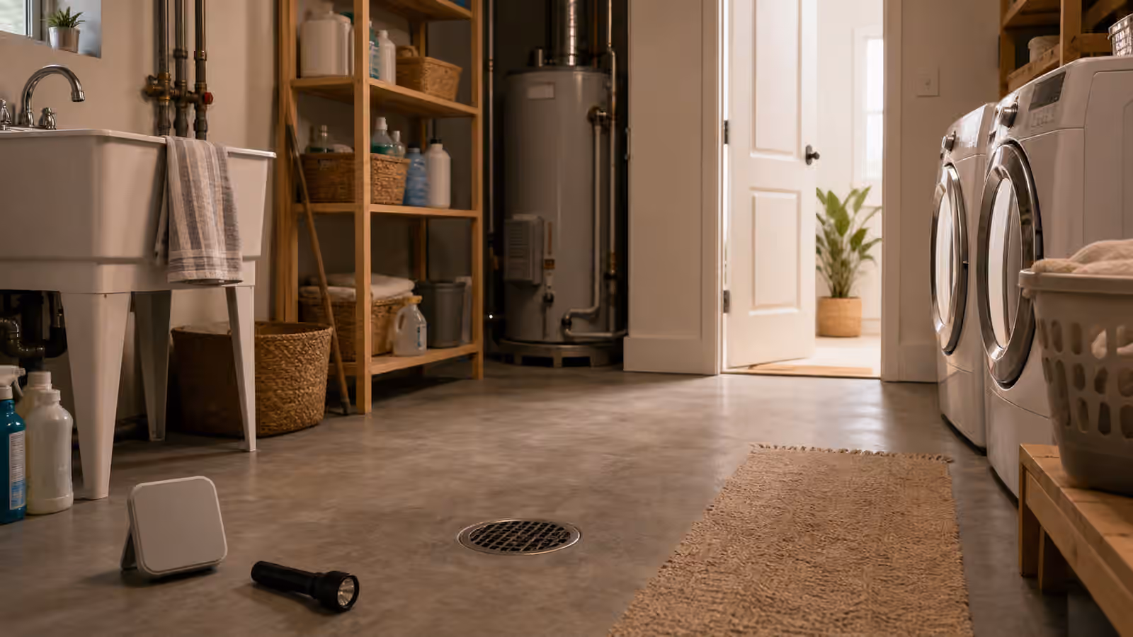 A clean utility room with floor drain, utility sink, laundry machines, humidity gauge, flashlight, and open door.