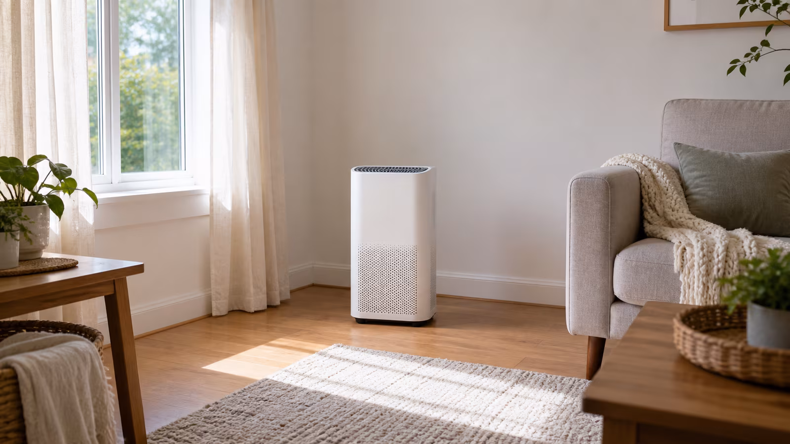 A living room purifier pulled out from a corner with clear space around vents, sofa nearby, curtains away, and cable safely routed.