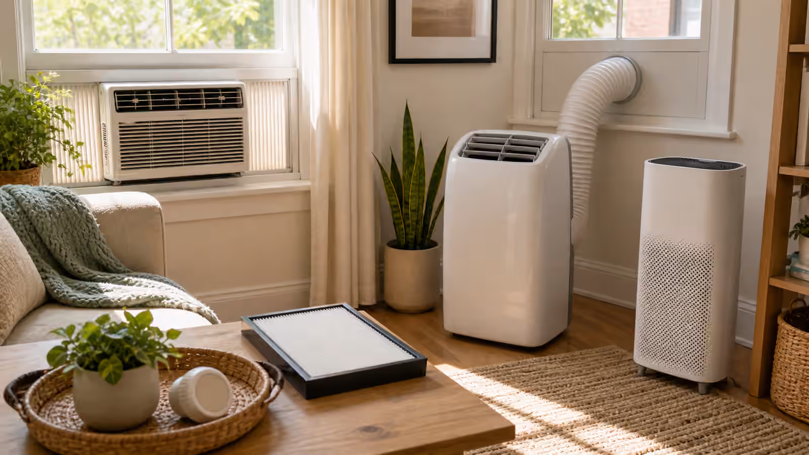 A room with a window air conditioner, portable AC hose, clean filter tray, blank humidity gauge, and air purifier.