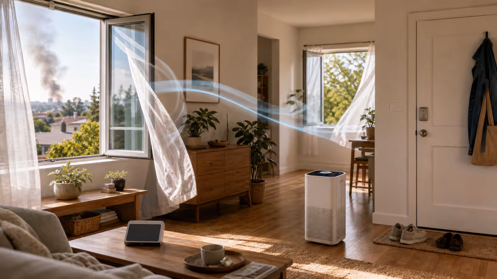 A lived-in room with two open windows, light curtains, an air purifier, entry mat, and blank air monitor.
