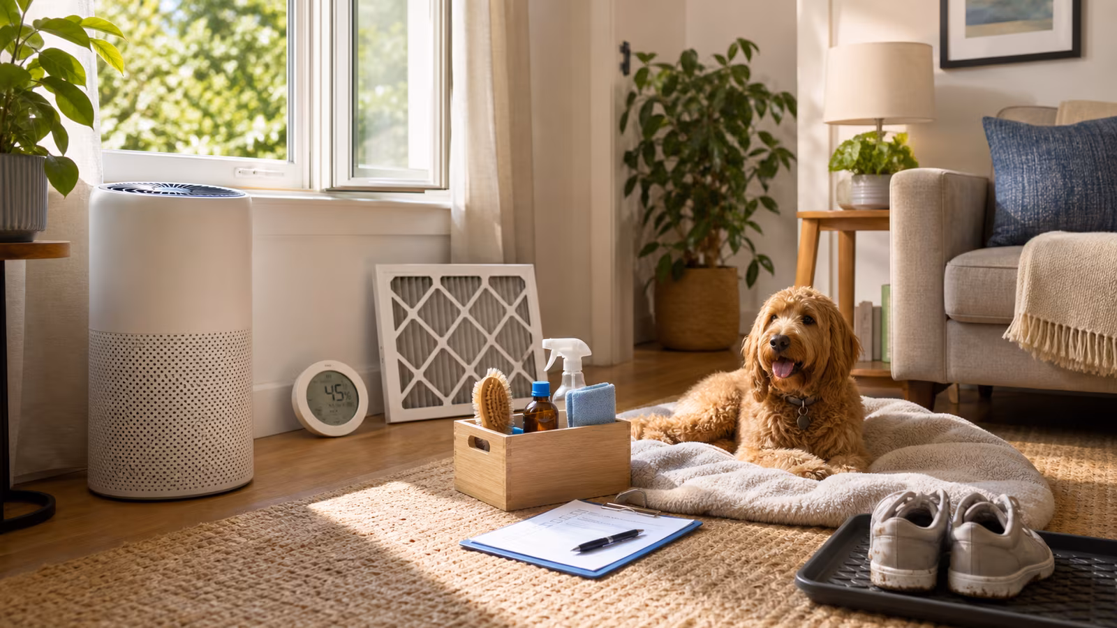A bright lived-in room with an air purifier, open window, humidity gauge, HVAC filter, cleaning kit, and simple clean-air checklist objects.