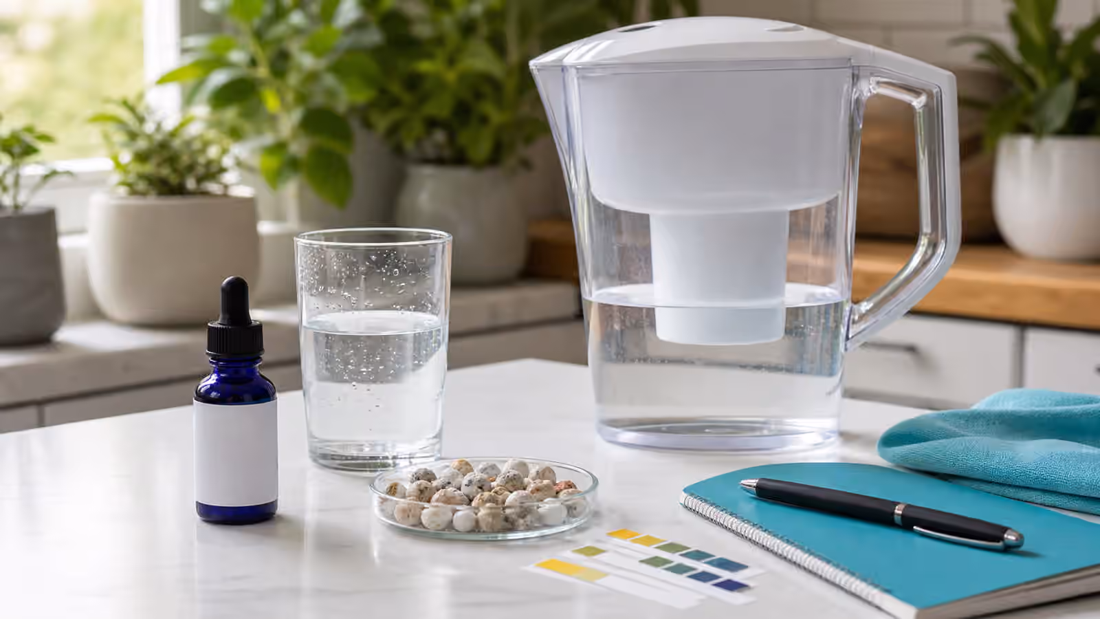A filter pitcher, clear glass, blank dropper bottle, mineral dish, and test strips on a kitchen counter.