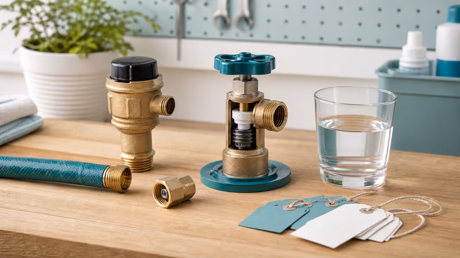 A hose bib vacuum breaker, short hose, brass valve fitting, clear glass, and blank tags on a utility bench.