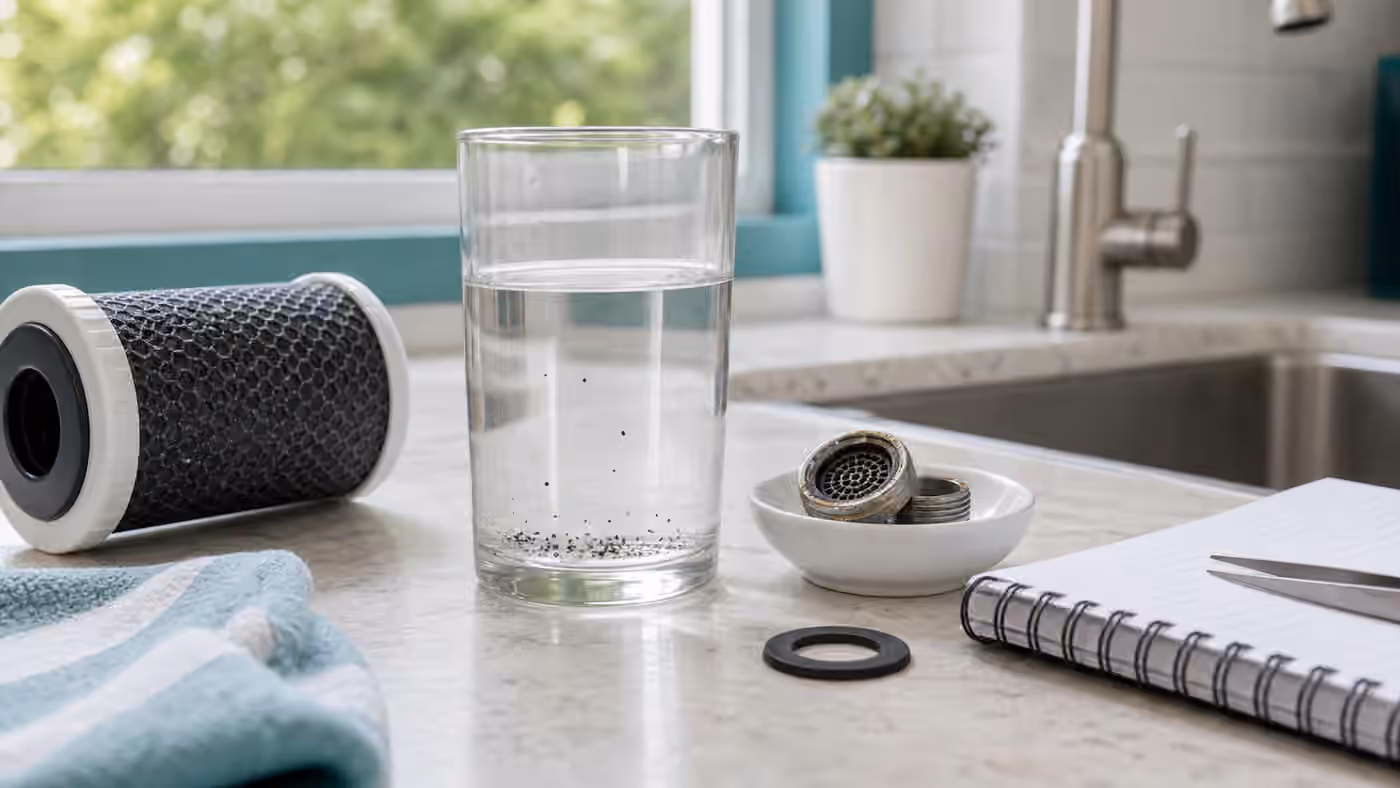 Glass of water with tiny dark specks, carbon cartridge, rubber washer, aerator, notebook, and tweezers.