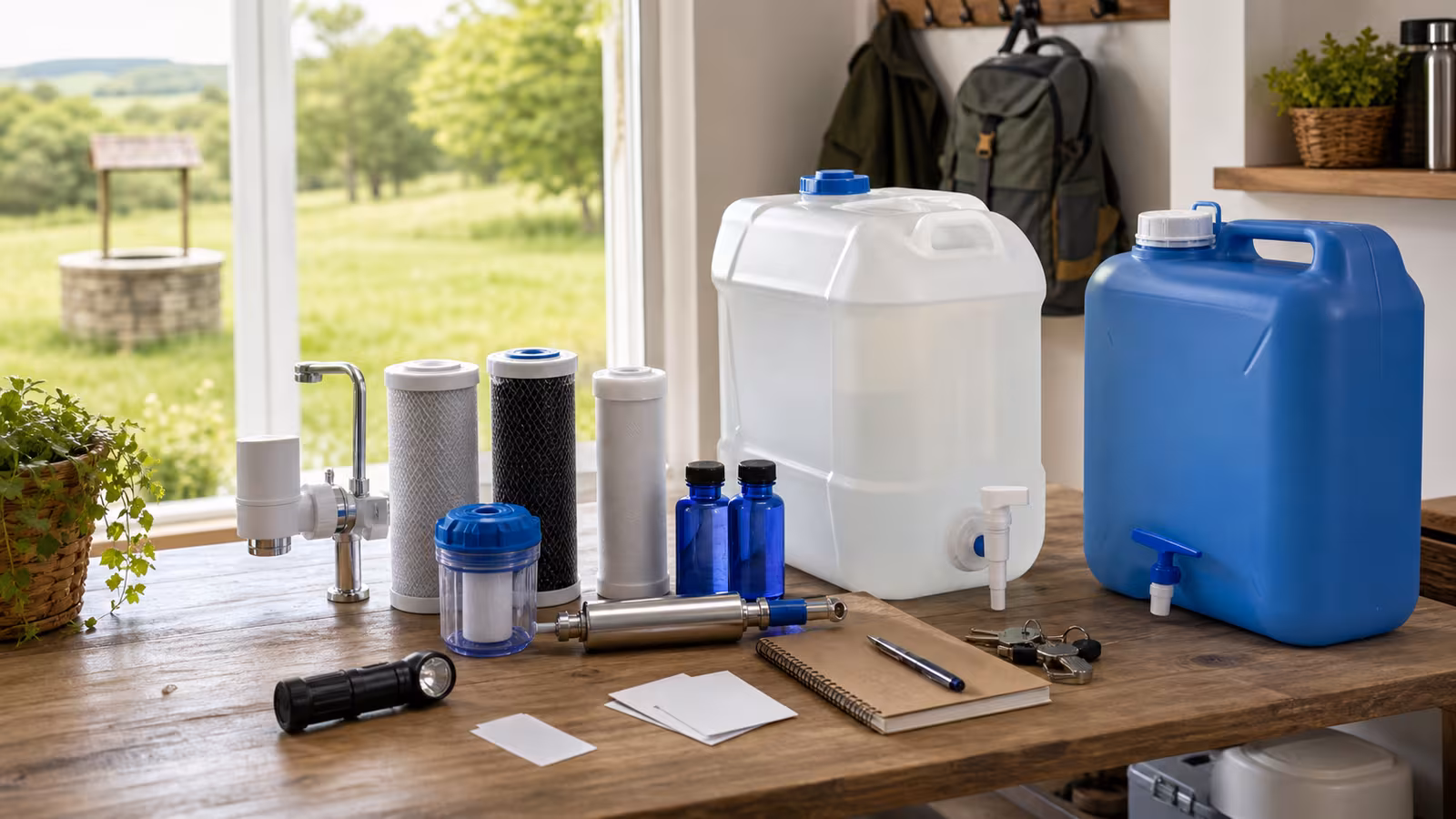 Emergency water containers, filter cartridges, sample bottles, and simple household readiness supplies on a calm utility table.