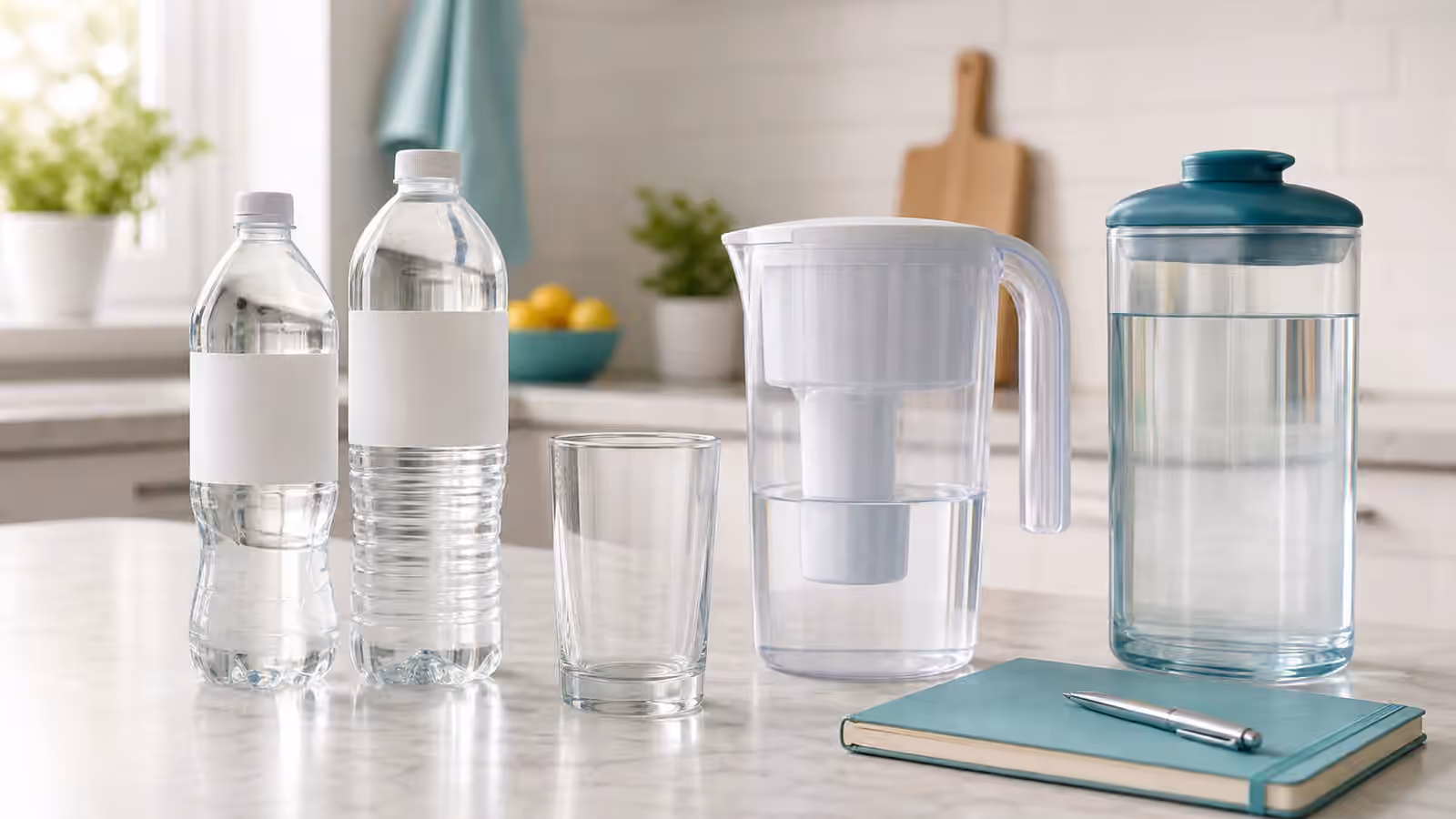 Bottled water containers, a filter pitcher, storage jug, glass, and blank notebook on a kitchen counter.