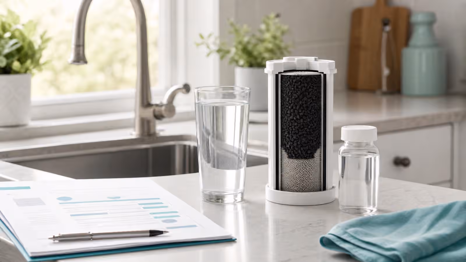 A kitchen counter with a clear glass of water, sample bottle, filter cartridge, and water report.