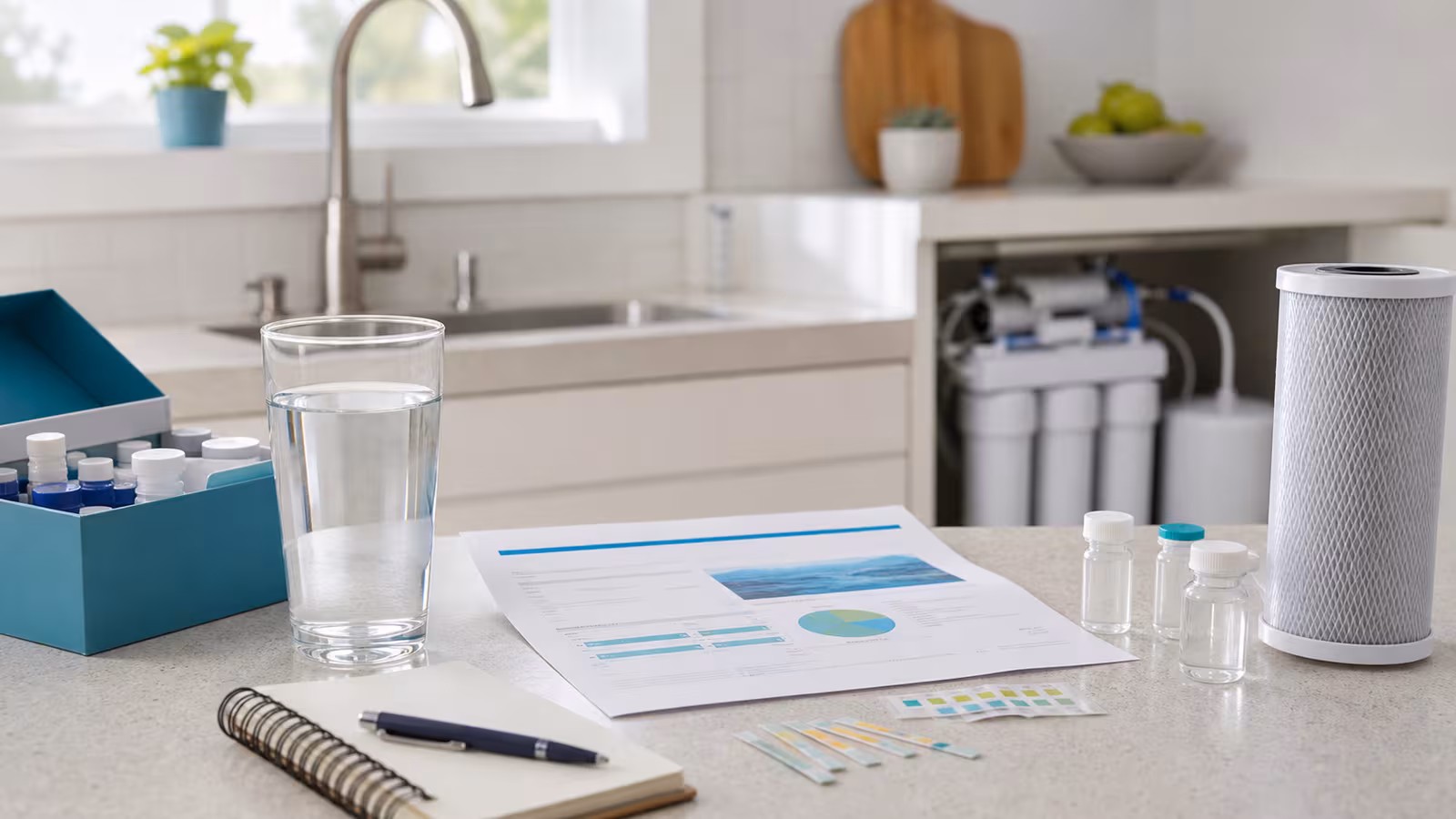 A calm kitchen water quality setup with a glass of tap water, sample bottles, filter cartridge, report, notebook, and under-sink filter.