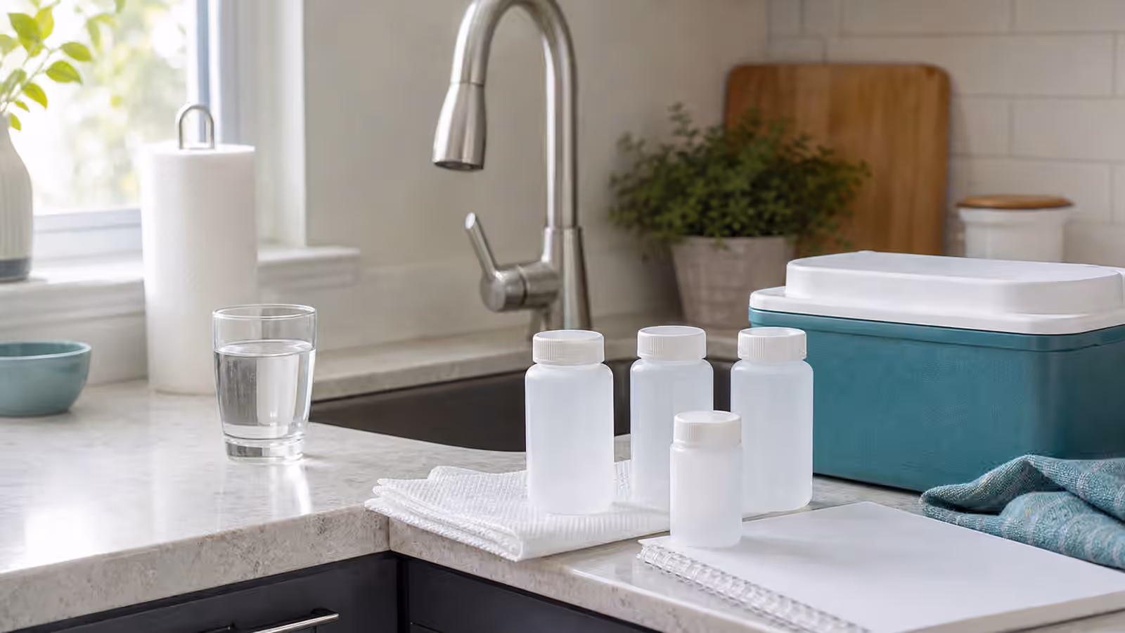 A kitchen sink with blank sample bottles, a small cooler, a glass of water, paper towel, and a notebook.