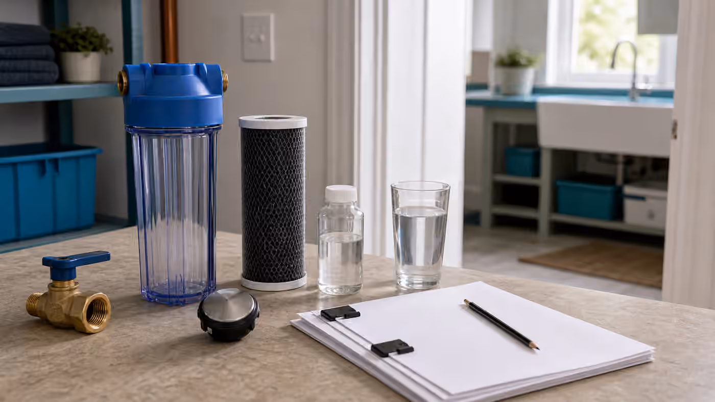 Filter housings, cartridge, valve, sample bottle, glass of water, and blank quote sheets on a workbench.