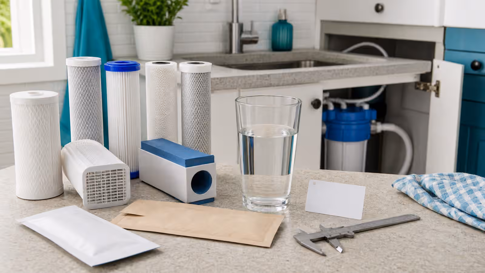 Unbranded replacement water filter cartridges, a filter housing, blank model card, calipers, and a clear glass of water on a kitchen counter.