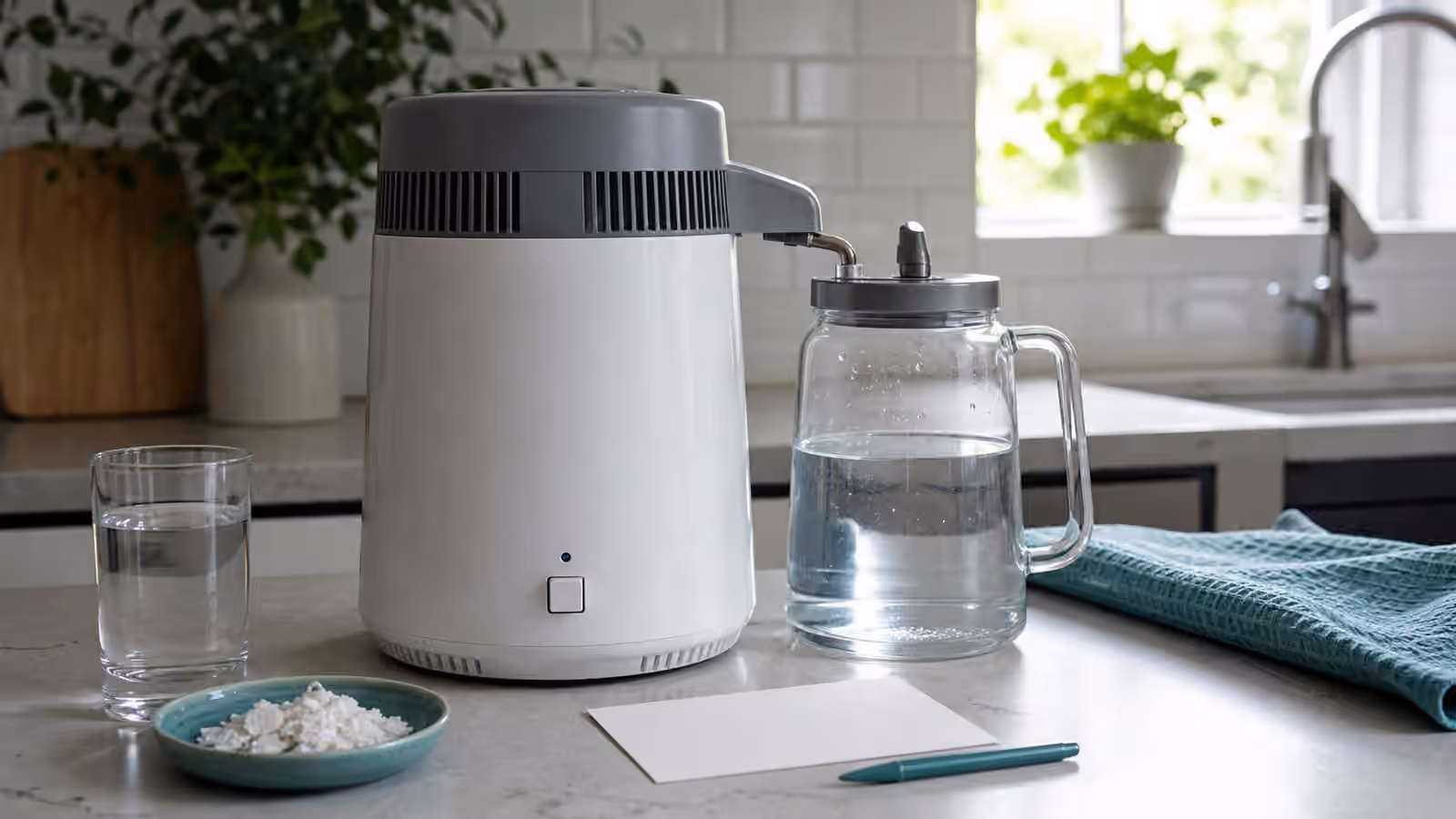 A countertop water distiller with a glass carafe, mineral residue dish, glass of water, and blank maintenance card.
