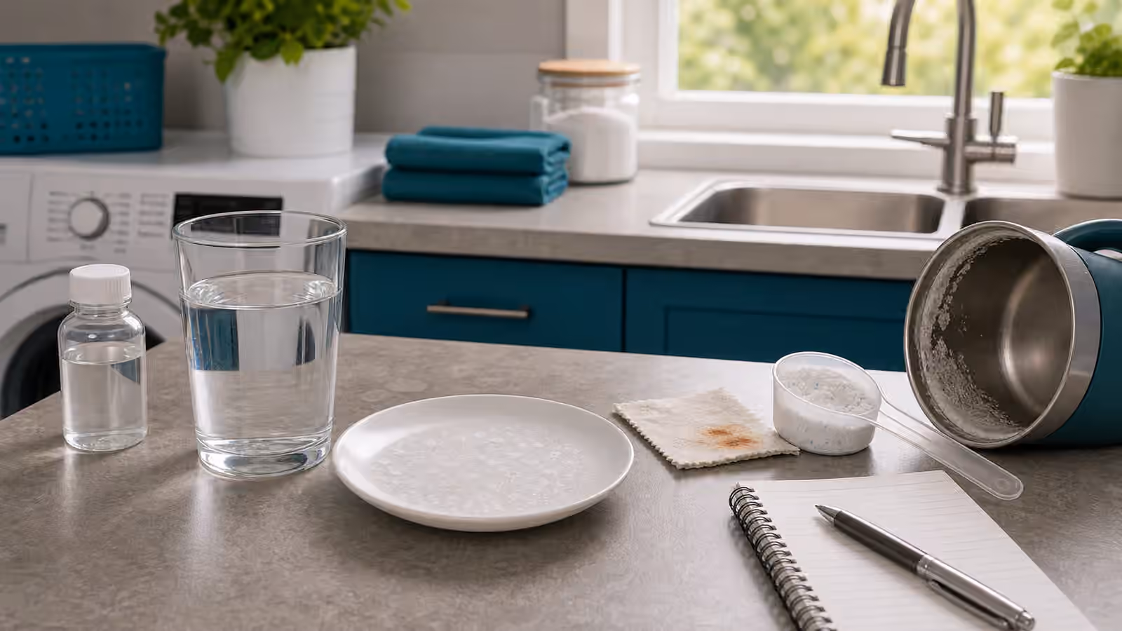 A utility counter with a clear water glass, spotted dish, fabric swatch with a faint rust mark, kettle scale, sample bottle, and blank notebook.