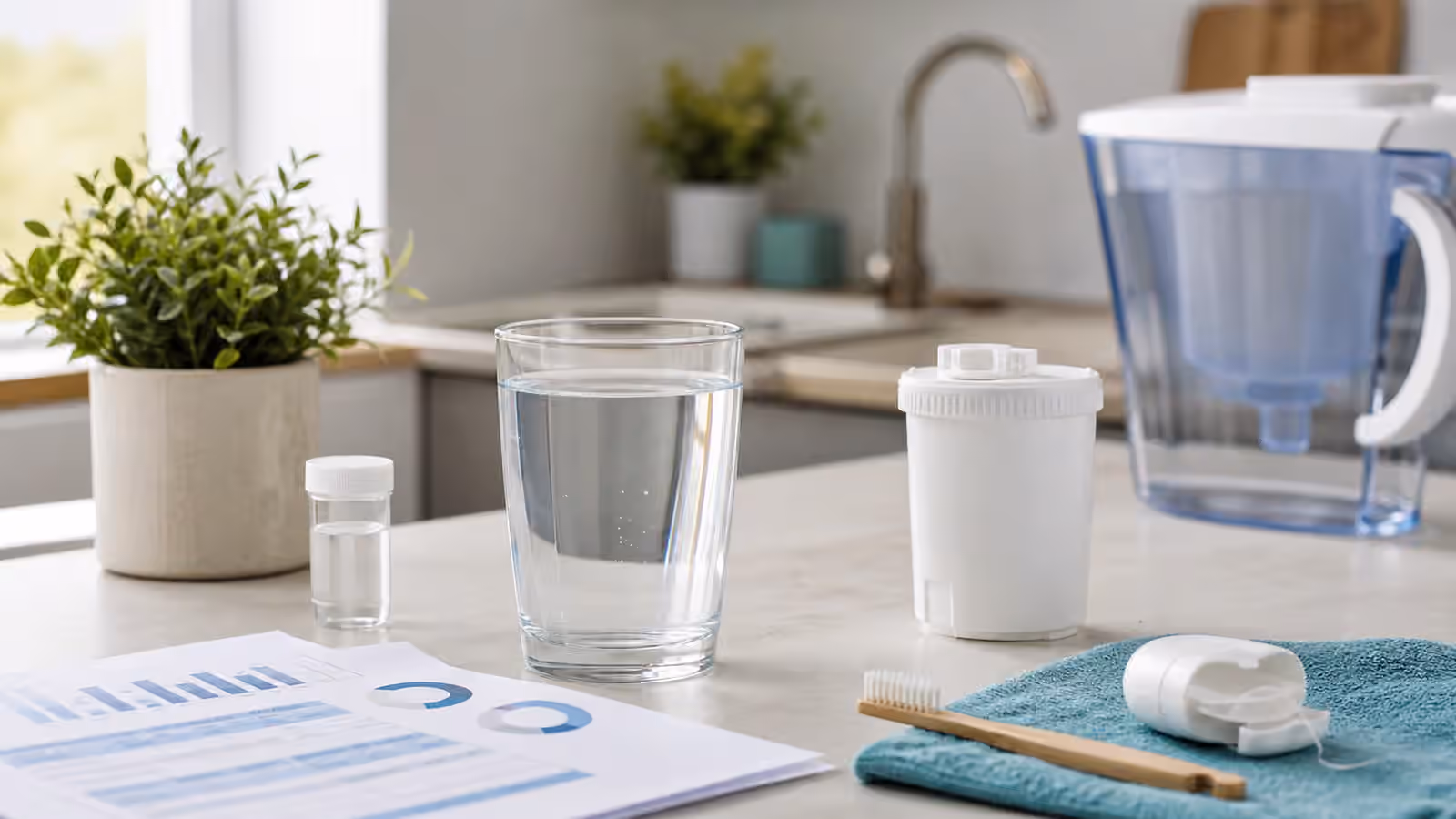 A glass of tap water beside an unbranded filter cartridge, sample vial, water report, toothbrush, and floss.