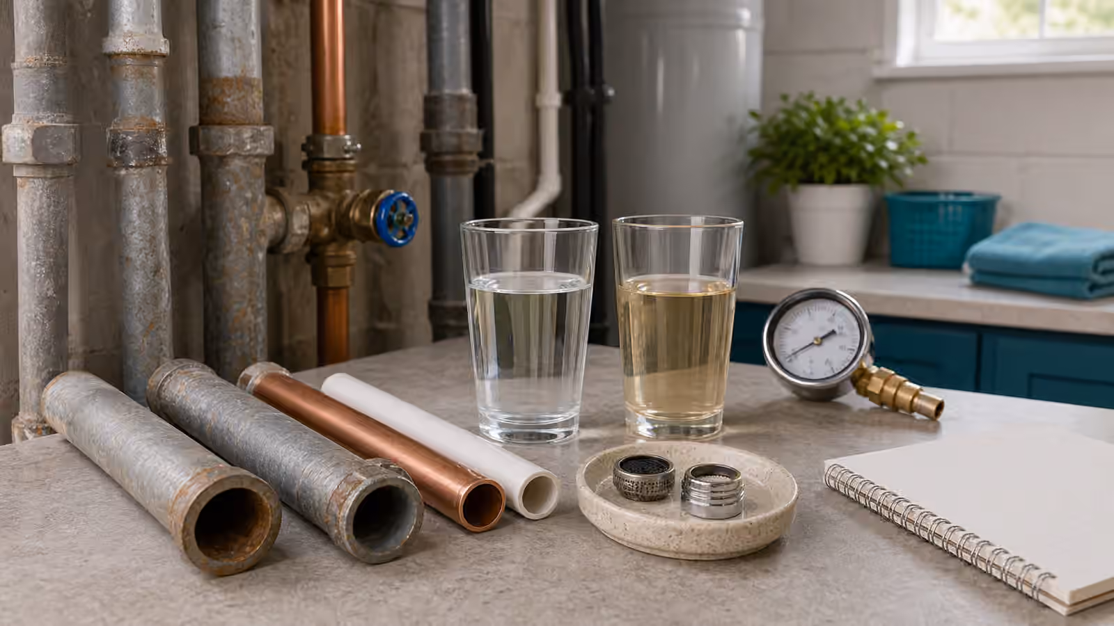 Old galvanized pipe sections, newer pipe, clear and amber-tinted water glasses, aerator parts, and a blank notebook on a utility bench.