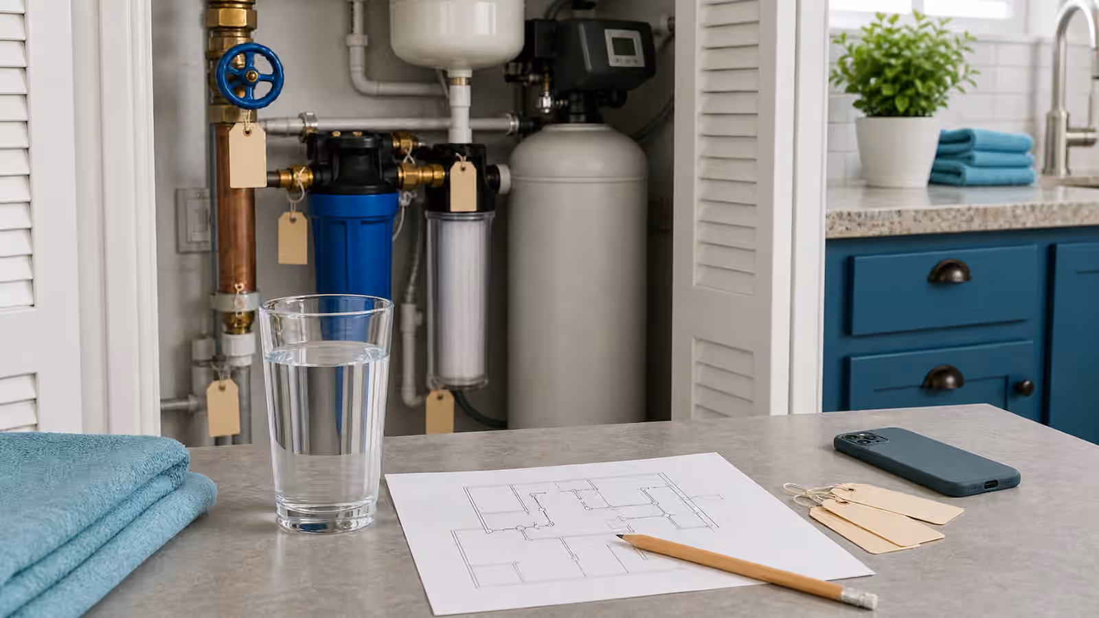 A utility closet with water equipment, blank pipe tags, a floor-plan sketch, pencil, and clear glass of water.