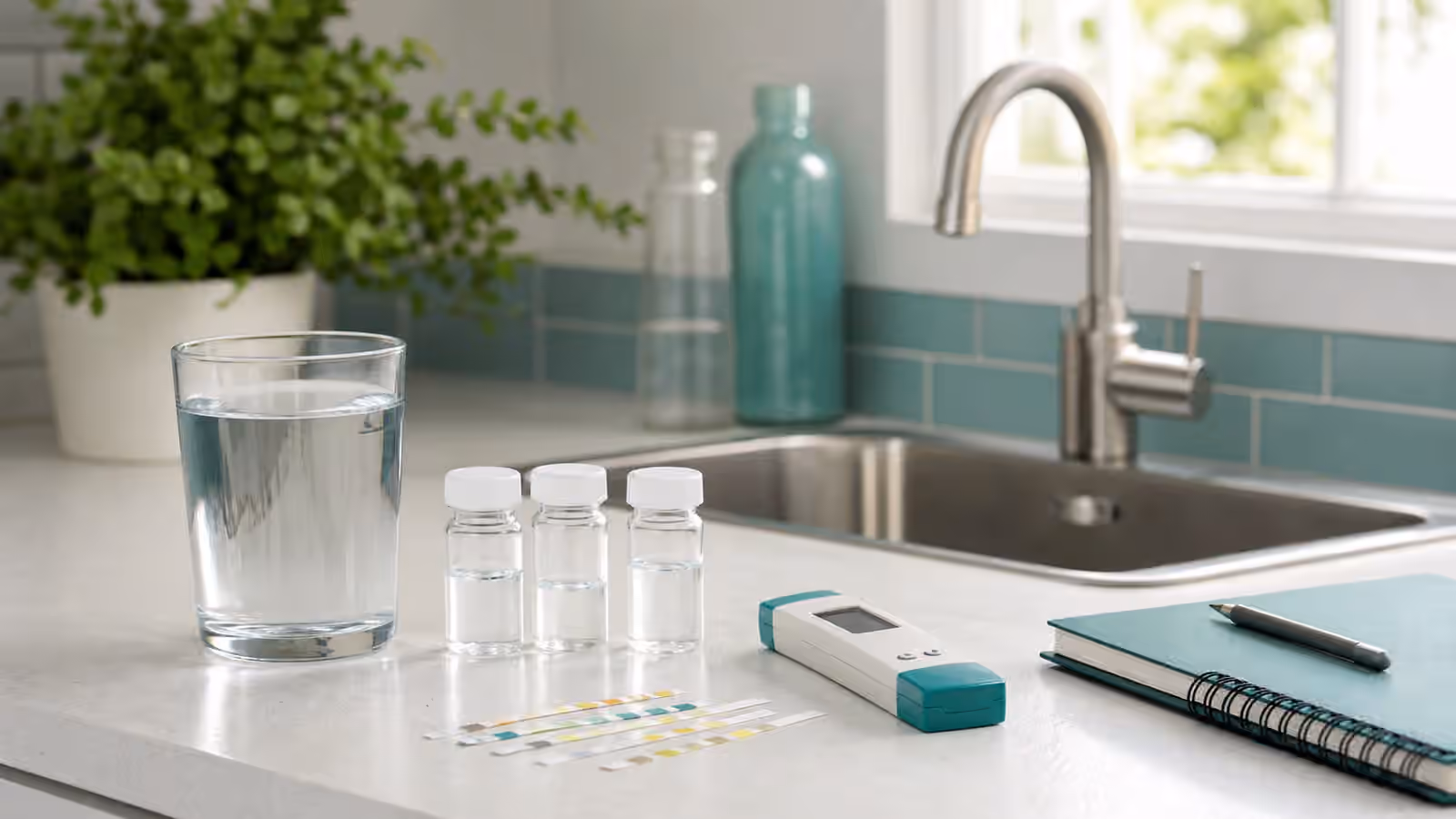 A kitchen counter with a glass of tap water, sample bottles, test strips, a handheld meter, and a notebook near the sink.