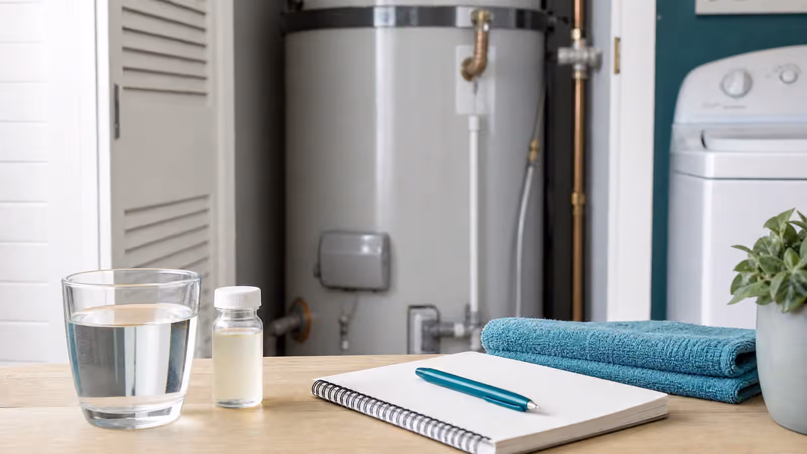 A clean utility area with a water heater, clear glass of water, sample bottle, and blank notebook.