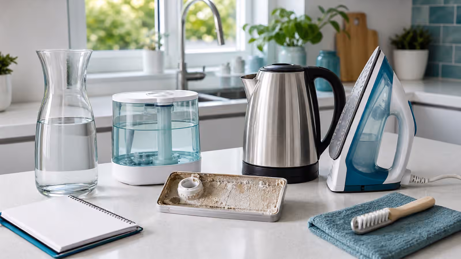 A carafe, humidifier tank, kettle, steam iron reservoir, scale tray, and notebook on a bright utility counter.