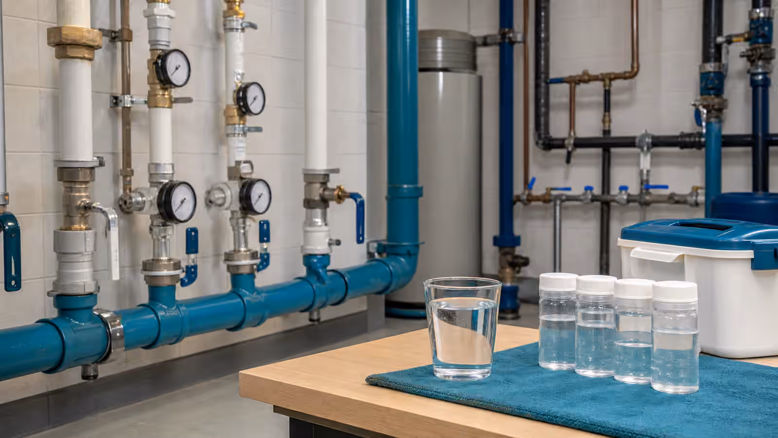 A clean shared building utility room with pipes, valves, gauges, water sample bottles, and a glass of water.