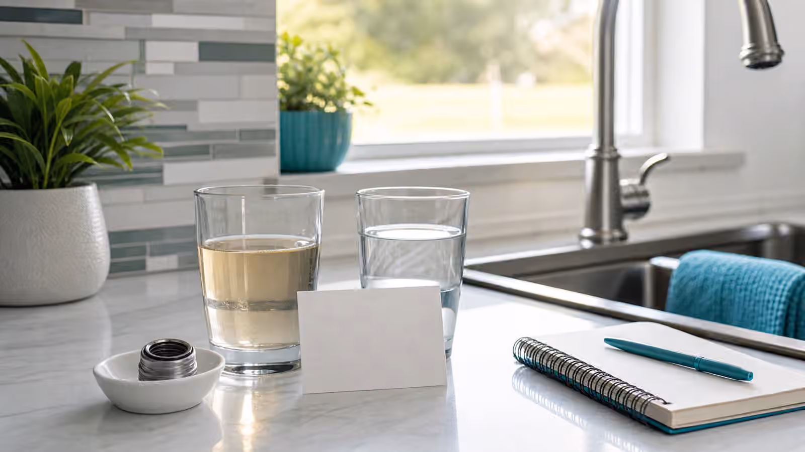 Two water glasses, a removed faucet aerator, blank notice card, and notebook beside a kitchen sink.