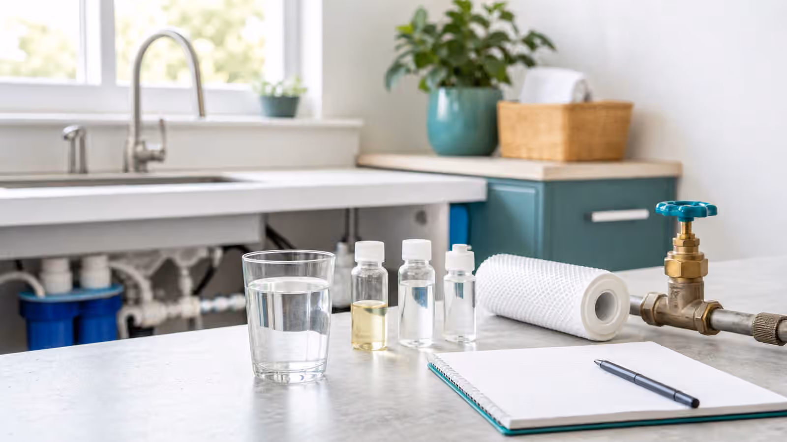 A kitchen counter with a glass of water, sample bottles, shutoff valve, notebook, and filter cartridge.