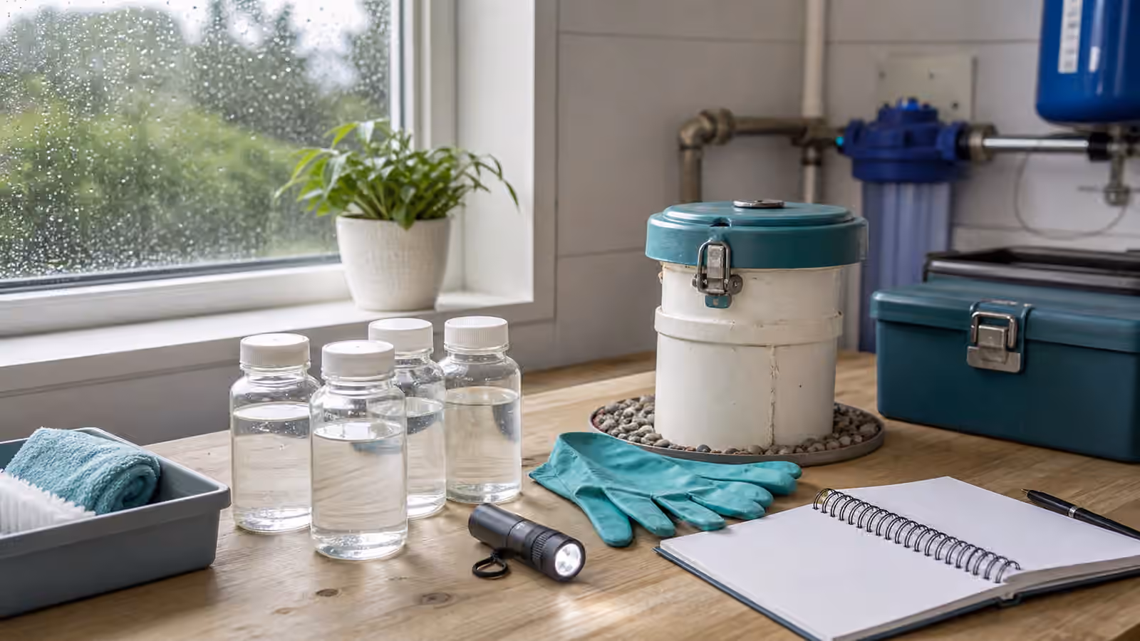 Sample bottles, gloves, flashlight, blank notebook, and a well-cap fitting on a utility workbench.