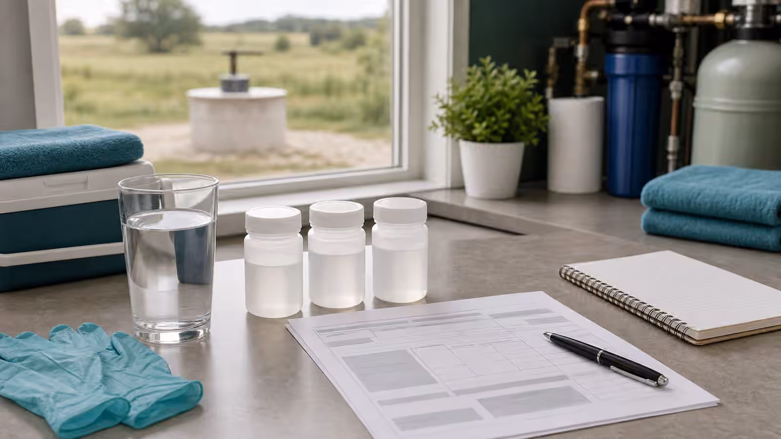 Sealed sample bottles, clean gloves, a small cooler, blank lab pages, notebook, and clear water glass on a utility table near a rural window.