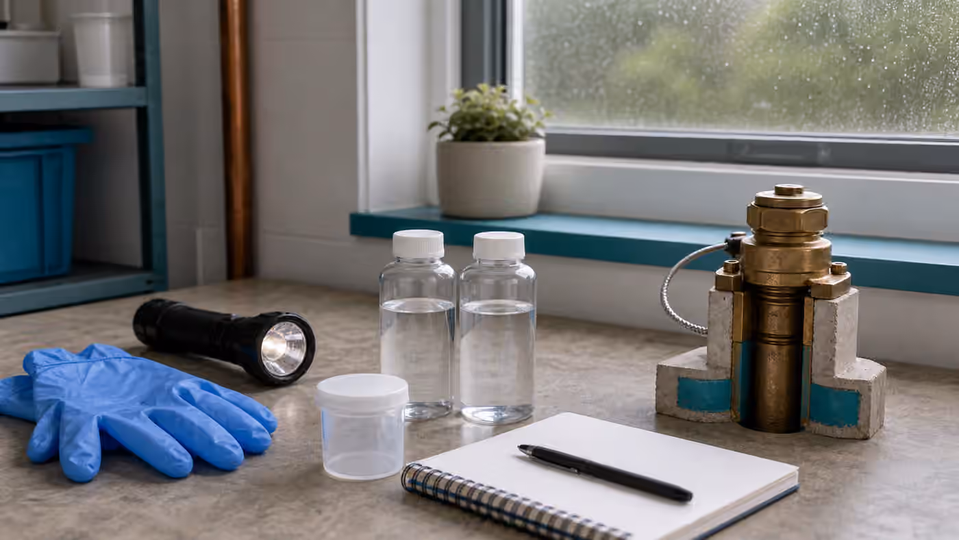 Sample bottles, gloves, flashlight, blank notebook, and a capped well fitting on a utility counter.